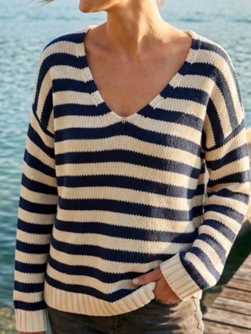 Striped V-Neck Knit Sweater - Navy and Cream Size Small